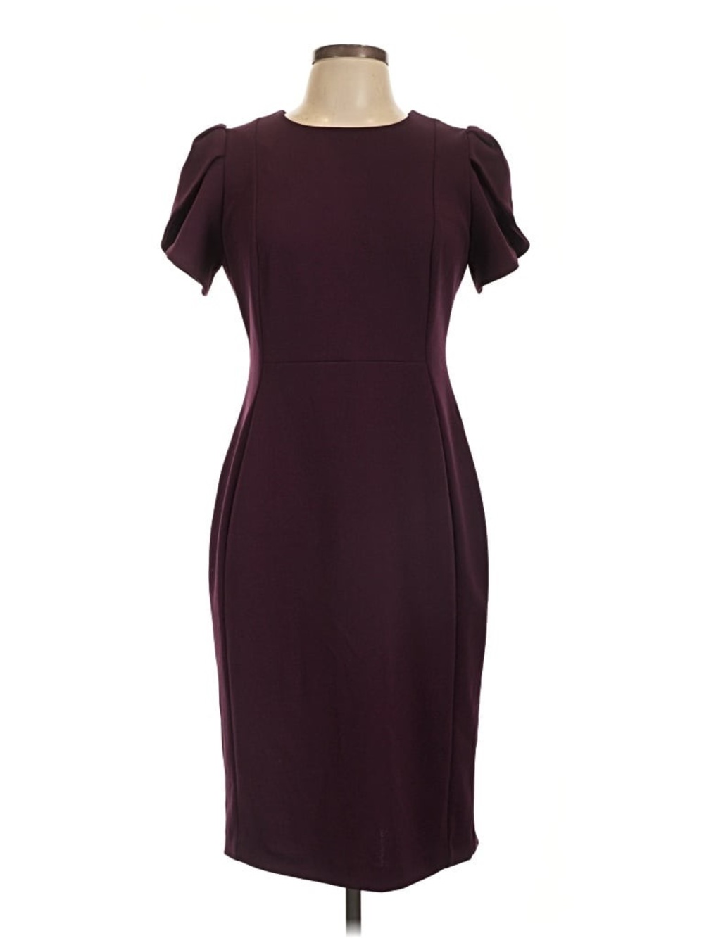 Calvin Klein Deep Plum Midi Sheath Dress with Short Puff Sleeves